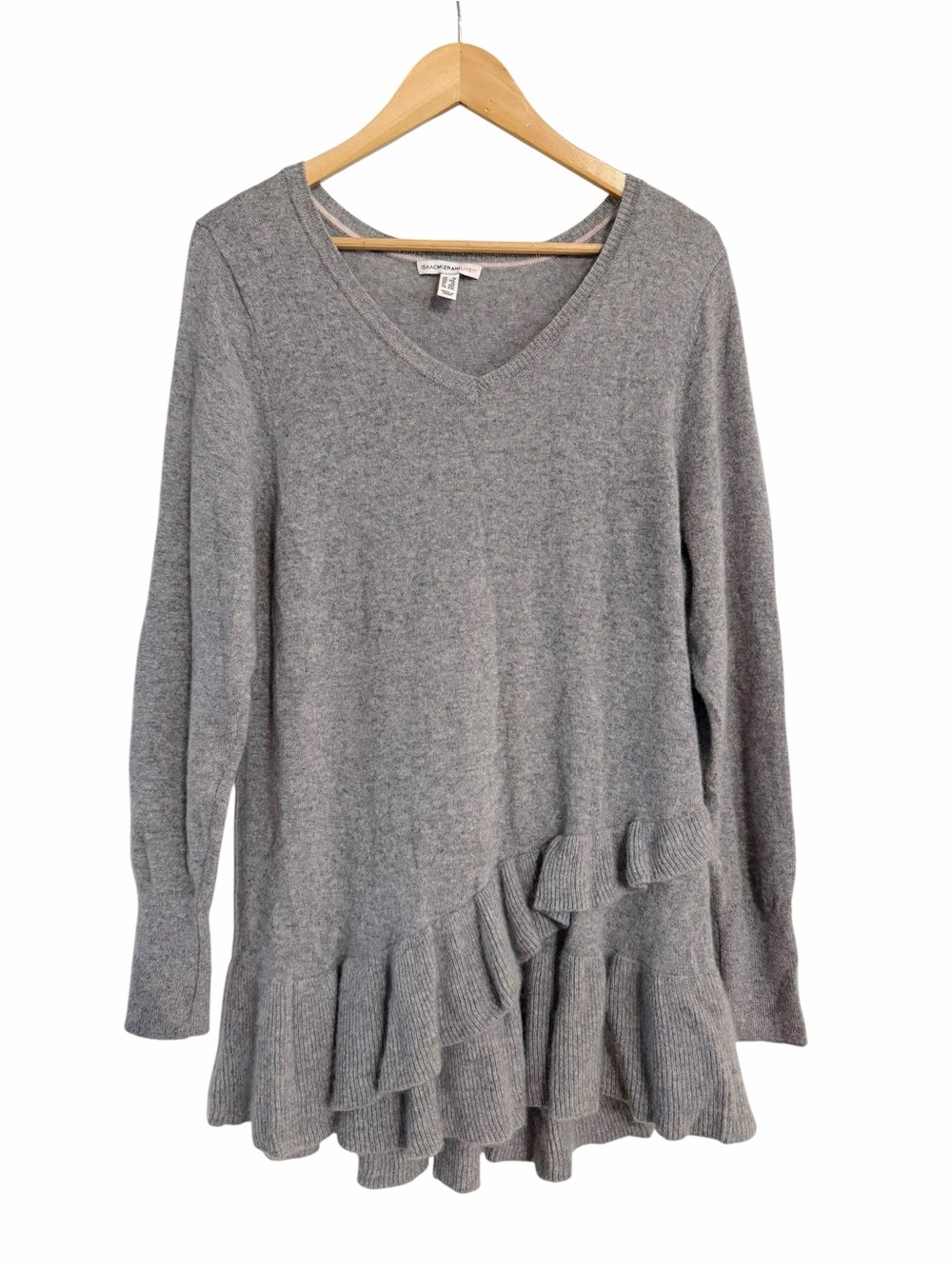 Isaac Mizrahi Live Cashmere Sweater Gray Ruffle Hem V-Neck Women’s Size 1X